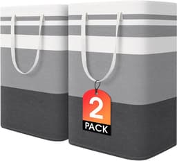 Wasmanden - Wasmand opvouwbaar - wassorteerder - wasmand 2 vakken - Katoen-linnen met waterdichte coating en metalen frame - voor veelzijdige opslagdoeleinden - met 4 opvouwbare kledinghangers - Verlengde handvatten — thumbnail 1