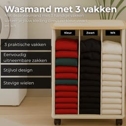 AKSA Home® Wasmand met Wieltjes - Wassorteerder met 3 vakken - Wasmand Opvouwbaar met Deksel - 160L - Beige/Creme — thumbnail 2
