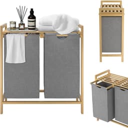 Wasmand van bamboeframe, 2 vakken, 36 l, 73 x 64 x 33,5 cm, wasverzamelaar met plank, waszak van Oxford-weefsel, wassorteerder, hout, waszakken voor bijkeuken, slaapkamer, grijs — thumbnail 1
