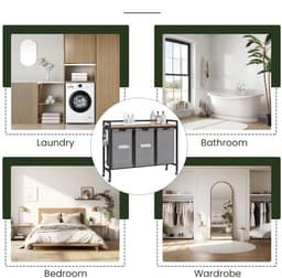 J&R Wasmand kastje - Wasmand met 3 vakken - Wassorteerder - Wasmand tafel - Waszak - Badkamerkast - Wasmand meubel - Wasmand rek - Light oak - Zwart metaal — thumbnail 5
