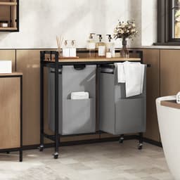 J&R Wasmand kastje - Wasmand met 2 vakken - Wassorteerder - Wasmand tafel - Waszak - Badkamerkast - Wasmand meubel - Wasmand rek - Light oak - Zwart metaal — thumbnail 2