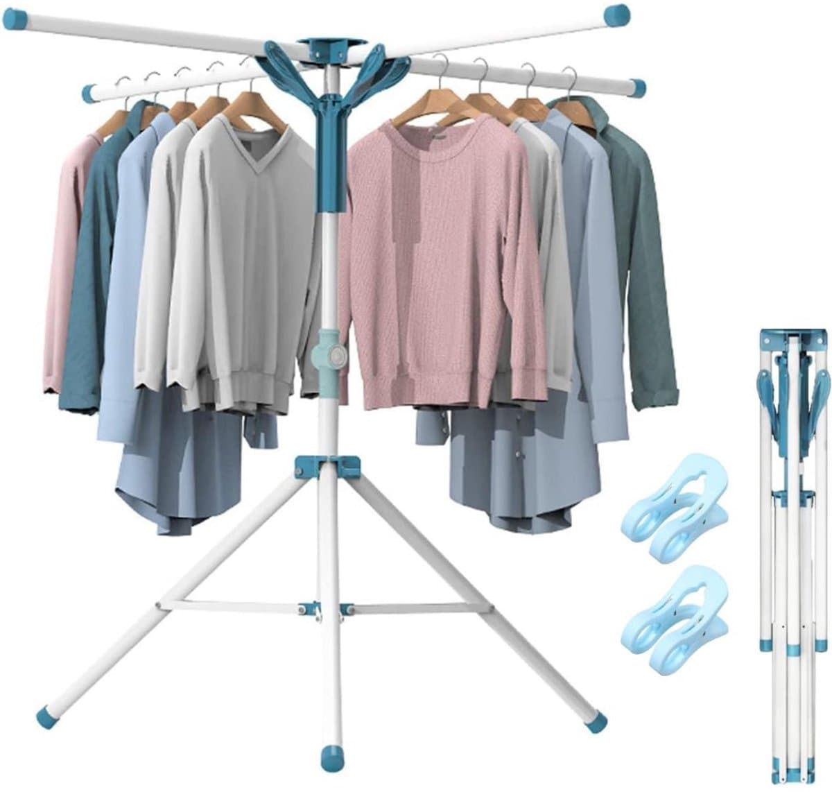 CRLYN® Droogmolen met Voet voor Camping & Thuis - Wasrek Staand - Droogrek Inklapbaar - Wit en Blauw — afbeelding 1