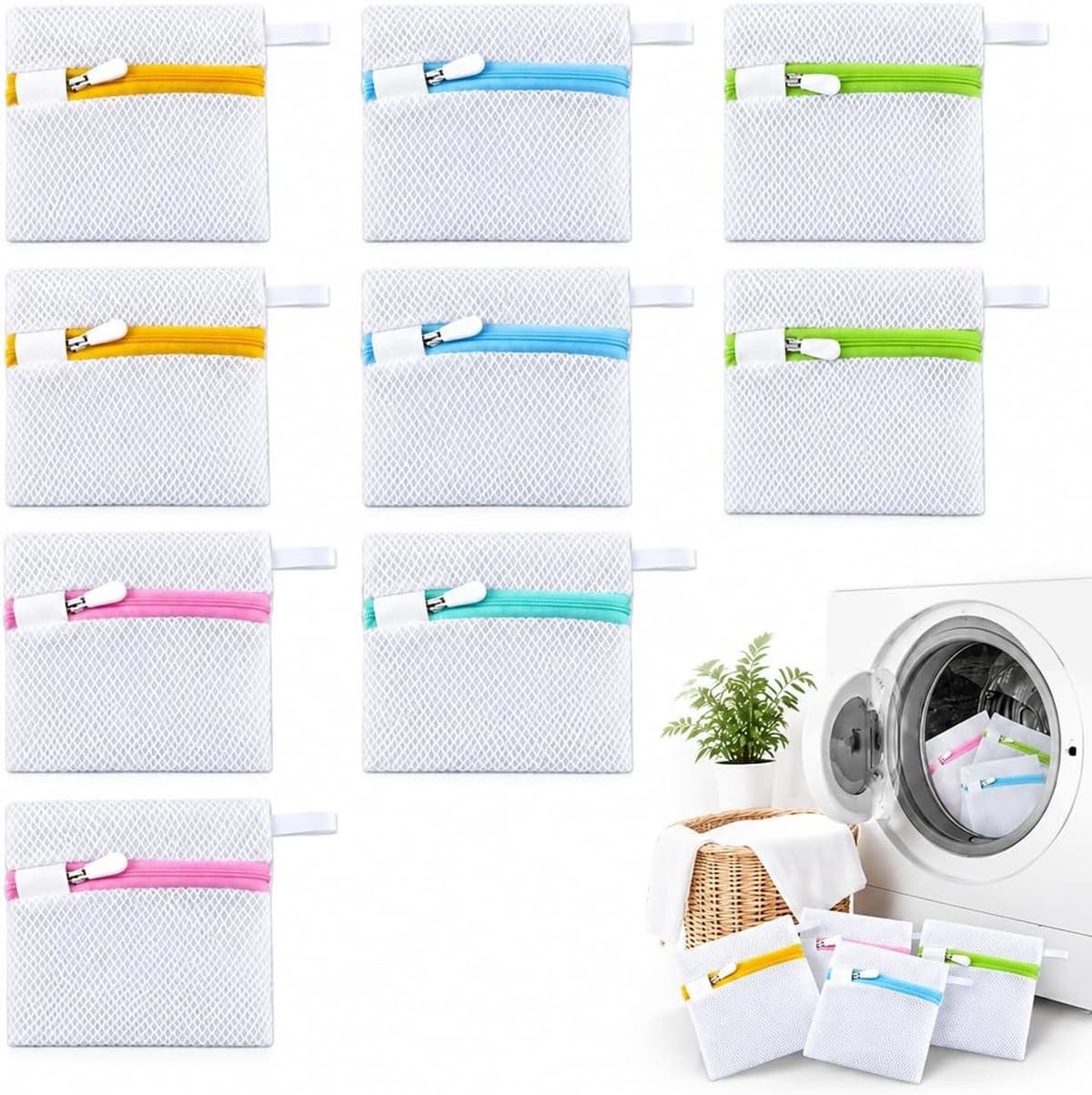 Kleine Waszakken voor Wasmachine - Multicolor - 13 x 12 cm - Fijne Honingraatstructuur met Verborgen Rits - Voor Sokken en Lingerie — afbeelding 1