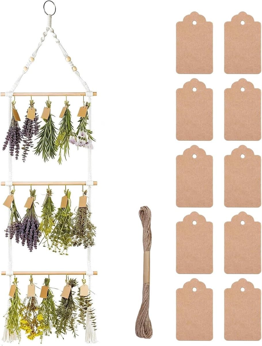 Droogrek - Naturel - 3 Etages - Handgeweven Kruiden- en Bloemendroger met Cadeauhangers - Voor Keuken en Tuin — afbeelding 1