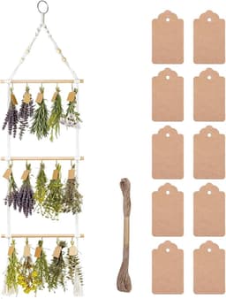 Droogrek - Naturel - 3 Etages - Handgeweven Kruiden- en Bloemendroger met Cadeauhangers - Voor Keuken en Tuin — thumbnail 1