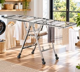 Opvouwbaar Droogrek met Wielen – 150 x 43 cm – Verstelbaar Wasrek 54-107 cm – Verrijdbaar Kledingrek – Inklapbaar Droogrek met Ophanghaken – Zilver — thumbnail 2
