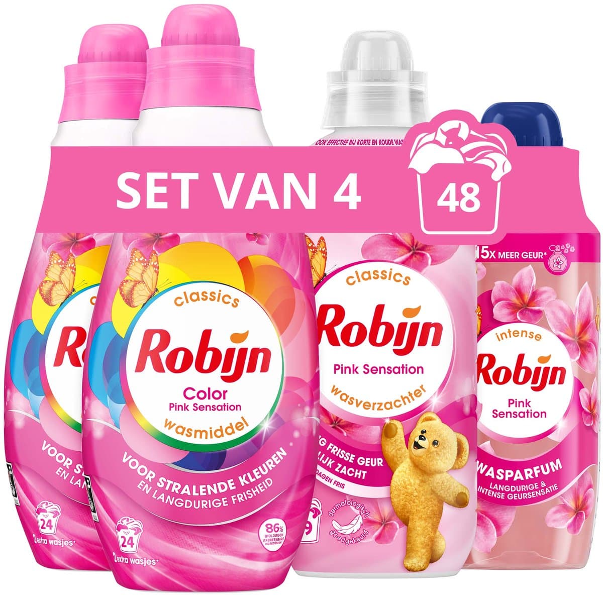 Robijn Perfecte Match - Pink Sensation - 4 stuks - 2x wasmiddel + 1 wasverzachter + 1 wasparfum - Voordeelverpakking — afbeelding 1