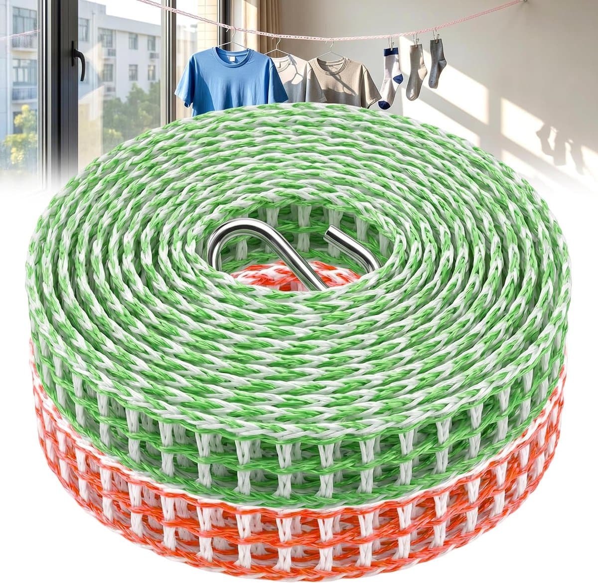 Waslijn met haken 5 m - nylon koord - winddicht touw - ideaal voor camping en balkon - ShopVlot — afbeelding 1