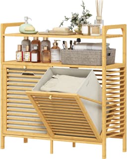 laundry basket with 2 compartments each 41 L made of bamboo 82 x 13 x 88 cm natural | 2 shelves - laundry rack with handles — thumbnail 1