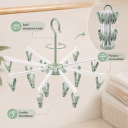 Bobypet - Droogrek - Sokkendroger Opvouwbaar - 2 Stucks - Winddicht & Anti-Slip - Wasrek met 40 Wasknijpers - 360° Draaibaar Droogrek - Voor Sokken & Ondergoed - Groen — thumbnail 5