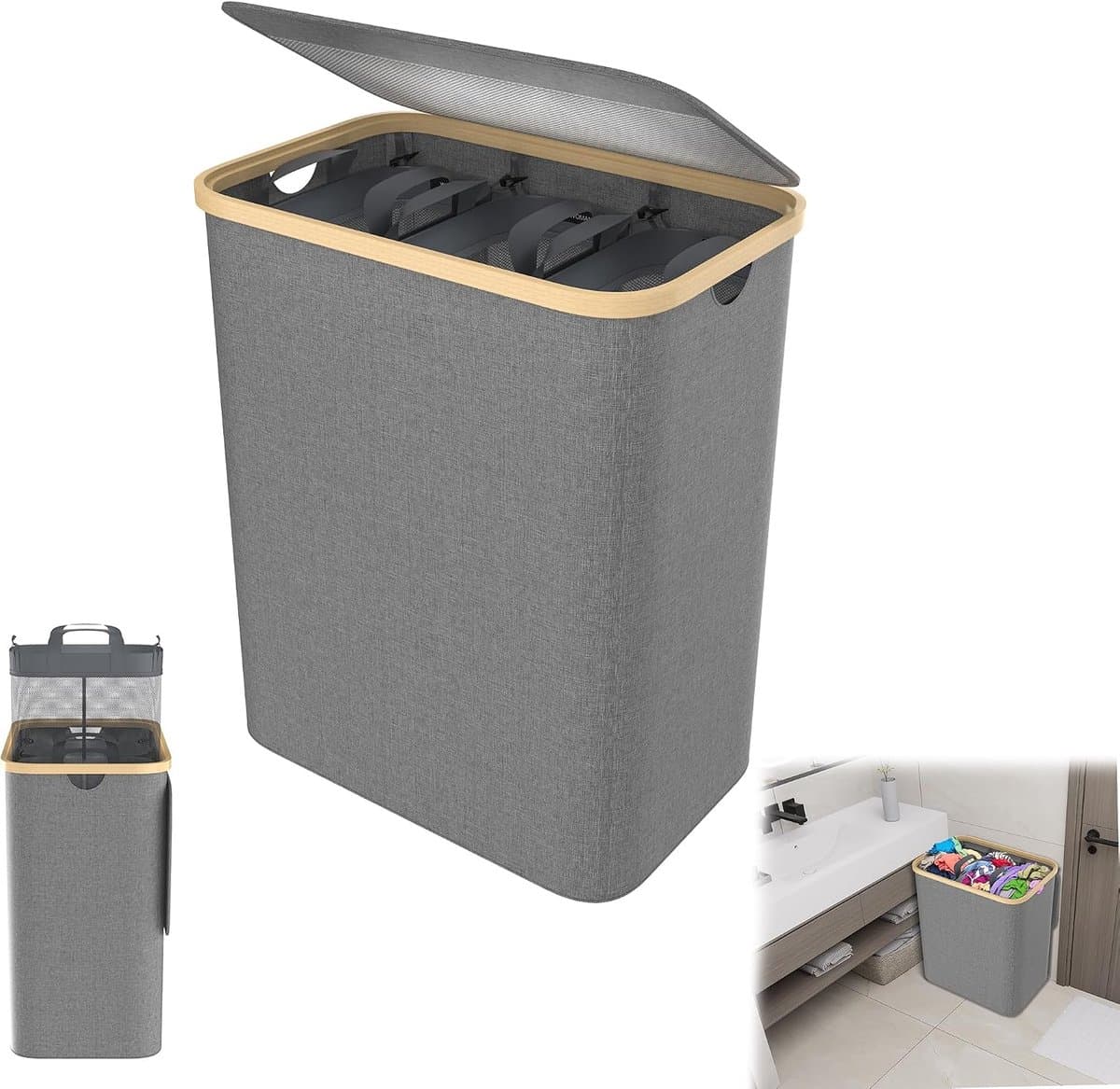 Wasmand 140 l met deksel 3 delen - uitneembare netwassorteerder waszak waszak wasmand met handgrepen voor handdoeken, kleding, speelgoed — afbeelding 1