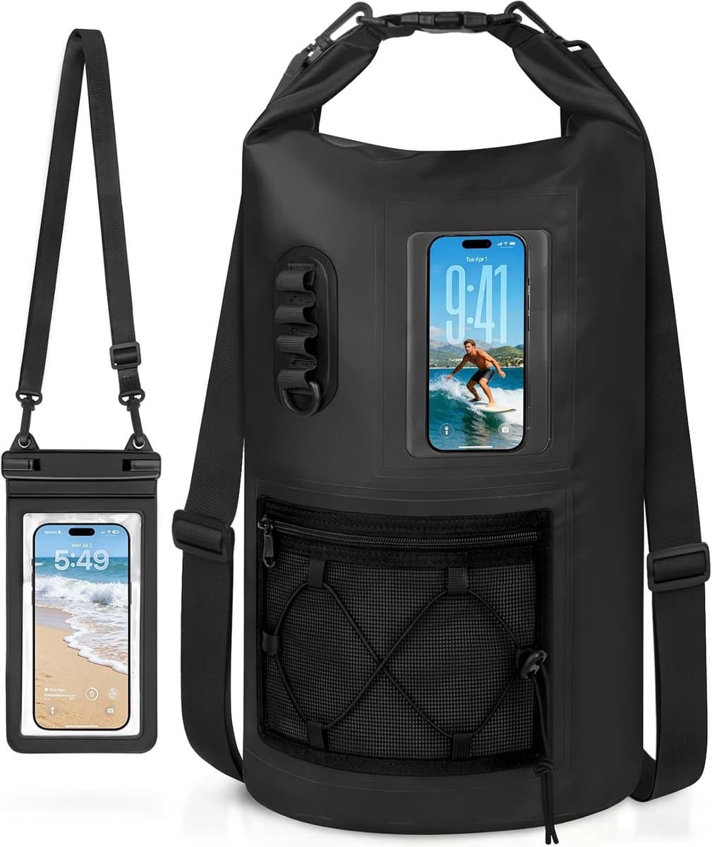 Rugzak, 20 l/30 l, waterdichte tassen met waterdichte telefoontas, drijvende strandtas voor zwemmen, kamperen, boottochten, kajakken, vissen, zwart., 20 Grande longueur, Waterdichte — afbeelding 1