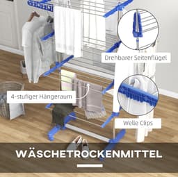 Droogtoren – 142 x 55 x 172 cm – Inklapbaar Met 6 Wielen – Roestvrij Staal – Blauw – Voor Binnen — thumbnail 4
