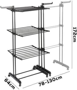 G&G wasrek - Droogrek - Droogrekken - Droogtoren - XXL - Inklapbaar - Staand - Met wieltjes - Laadvermogen 35kg - Tot 182cm - Zwart — thumbnail 1