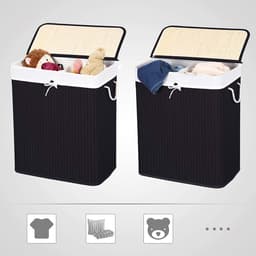 Bamboe Wasmand, 100 L Wasbak, Wasmand Met 2 Compartimenten, Wassorteerder Met Deksel En Verwijderbare Waszak, Katoenen Handgrepen, Zwart — thumbnail 5