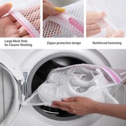 Waszak Wasmachine - 40 x 30 cm - 2 stuks - Wasnet Reizen - Laundry Bag - Waszak met Rits - Wit met Roze Rits — thumbnail 2