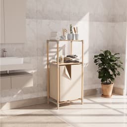 FixWood Houten Wasmand met Opbergplanken – Opbergrek met 2 Niveaus – Badkamer & Slaapkamer – Stijlvol & Stevig – Naturel — thumbnail 2