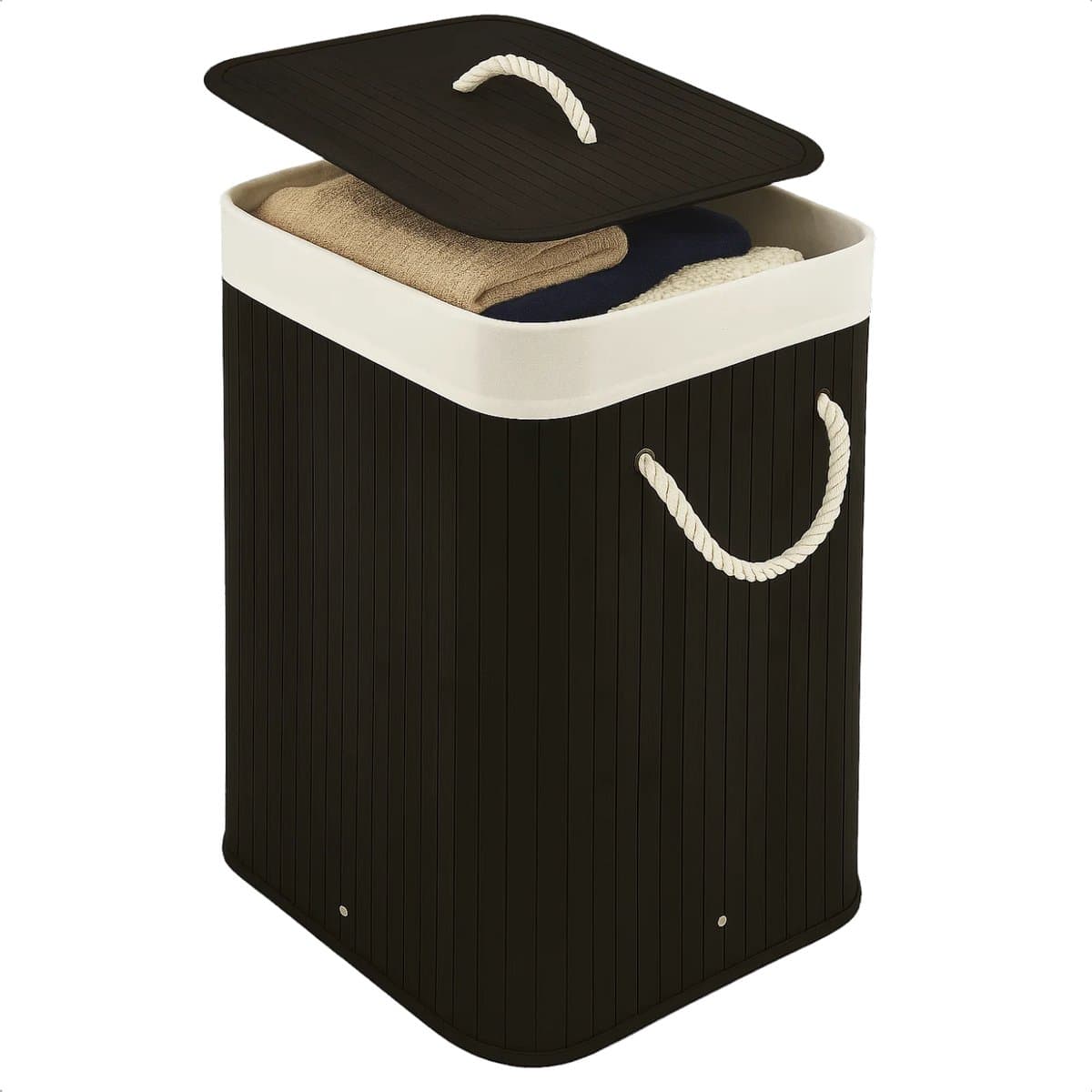 Lomera Bamboe Wasmand - Wasmand Met Deksel - Opvouwbare Wasmand - 72 Liter Capaciteit - Zwart Bamboe - Draaghengsels - Uitneembare Zak - Wasbare Binnenzak - Verstevigde Metalen Ring — afbeelding 1