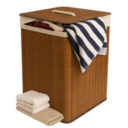 Lomera Bamboe Wasmand - Hoekmodel Wasmand - 72 Liter Capaciteit - Opvouwbare Wasmand - Bruine Wasmand - Wasmand Met Deksel - Waszak Inbegrepen - Afneembaar Deksel - Verstevigde Metalen Ring - Wasbare Binnenzak - Bamboe Materiaal — thumbnail 1