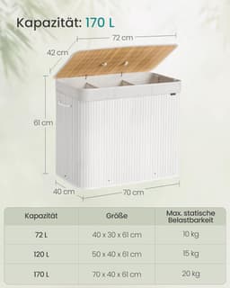 SONGMICS Wasmand met deksel, 3 compartimenten, 170 liter, bamboe wasmand, opvouwbare waszak, afneembaar en machinewasbaar, met handgrepen, voor wasruimte of slaapkamer, wit – LCB013W01 — thumbnail 2