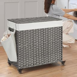 Wasmmand vuile wasmand rietstijl geweven wasmand met 3 compartimenten, uitneembare voering, handgrepen en deksel, geschikt voor woonkamer, badkamer en wasruimte, 66 x 33 x 60 cm, grijs. — thumbnail 3