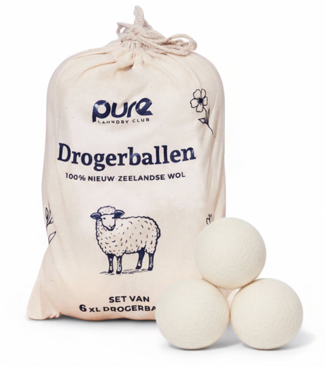 Pure Laundry Club Drogerballen - Set van 6 XL Wasdrogerballen - 100% Nieuw-Zeelandse Wol - Handgemaakt in Nepal - Inclusief Katoenen Opbergzak — afbeelding 1