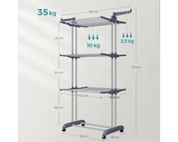 4-laags opvouwbaar vleugel-droogrek 63,5×128×173 cm grijs, verrijdbaar met wielen, opvouwbaar voor ruimtebesparing, hoog draagvermogen 35 kg, geschikt voor binnen- en buitengebruik, balkon/terras/wasruimte/gang