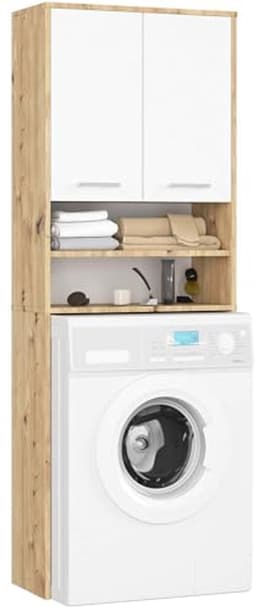 Wasmachine-ombouwkast met 2 deuren | Bovenbouwkast 64 cm | Hoge Wasmachinekast | Opbergkast voor Badkamer | Wit Artisan-eiken — thumbnail 1