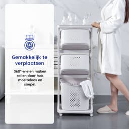 Eleganca Wasmand 3 vakken - Inhoud 82 L - Wassorteerder - Afneembare manden - Wasmand op Wielen - Ruimtebesparend - B44xD33xH109 cm - Kunststof - Gebroken Wit — thumbnail 2