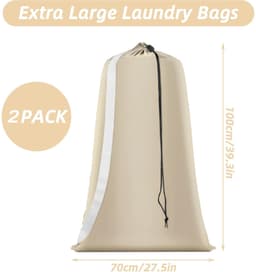 2 stuks - Waszak - Stevige waszak - Reiswaszak - Opbergzak voor vuile was - Waszak groot - Waszak Wasmachine - Tas Wasnetten - Beschermende waszak voor kleding - Waszakken voor wasgoed - met riemen - met trekkoordsluiting - 70*100 cm - beige — thumbnail 5