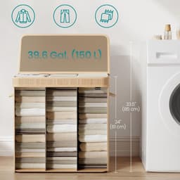 Wasmand, vuilnismand met deksel, handgrepen en uitneembare voering, 3-vaks indeling met een totale capaciteit van 150 liter, geschikt voor wasruimte, slaapkamer en toiletruimte, 41,5 x 62,5 x 61 cm, naturel. — thumbnail 5