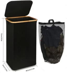 Wasmand met deksel, 110L grote wasmand met handvat en deksel, opvouwbare wasmand organizer met uitneembare binnenzak voor kleding, speelgoed en handdoeken - Zwart — thumbnail 5
