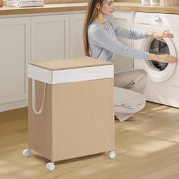 Waskorf, vuilewasmand met 2 vakken, waszak, handvat, deksel en wielen, 100 liter grote opslagcapaciteit, geschikt voor wasruimte, badkamer en slaapkamer, 46,5 x 37,5 x 65 cm, naturel. — thumbnail 3