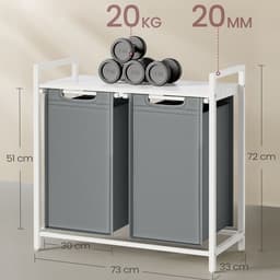 Wasmand 73 x 33 x 72 cm Wit Grijs Oxforddoek Metalen Frame 2 Vakken 46 Liter Uittrekbaar Afneembare Zakken Stevig Duurzaam — thumbnail 2