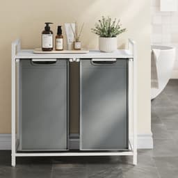 Wasmand 73 x 33 x 72 cm Wit Grijs Oxforddoek Metalen Frame 2 Vakken 46 Liter Uittrekbaar Afneembare Zakken Stevig Duurzaam — thumbnail 3