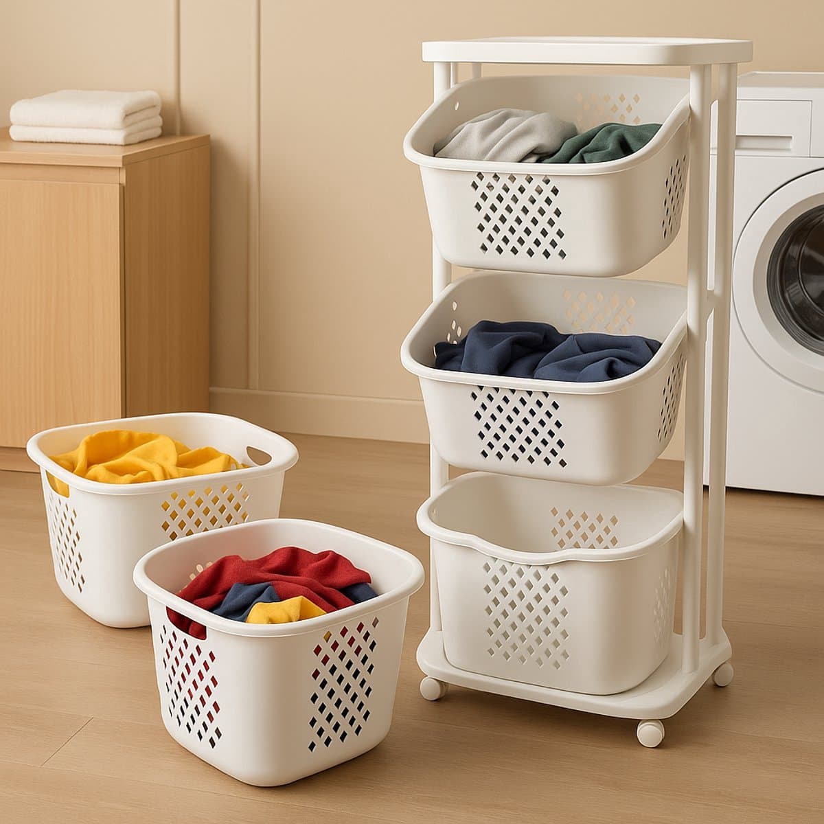 Rollende Waskar – Wasmand met 3 Vakken – 360° Wielen – Geventileerd – Ruimtebesparend – 3 x 25L – Wit — afbeelding 1