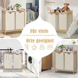 Wasmand met 2 vakken - 36 liter wasverzamelaar en wassorteerder met bamboe bovenkant en handgrepen - Geschikt voor bijkeuken en badkamer - Beige — thumbnail 5