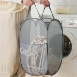2-Delige opvouwbare wasmand - Opbergmand van gaas - Waszak - Opvouwbare wasmand - Opvouwbare wasmand met verstevigde handgrepen - Geschikt voor zakenreizen - reizen en kamperen (zwart, grijs) — thumbnail 4