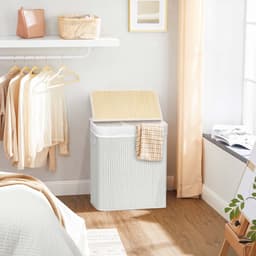 Witte Wasmand met 2 compartimenten 100L – Opvouwbare Wasverzamelaar met Deksel en Verwijderbare Waszak — thumbnail 4