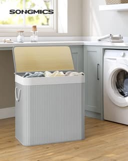 Songmics - Wasmand met 3 compartimenten - 150 liter - van bamboe - 62x40x61.5 cm - grijs — thumbnail 4