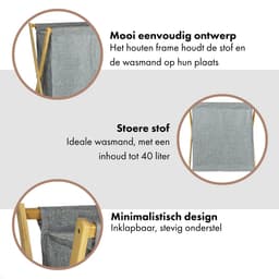 QUVIO Wasmand - 40 liter - Wasmanden - Was sorteerder - Opbergmand - Wasbox - Inklapbaar - Houten frame - Stof - Grijs - 30 x 52 x 57 cm — thumbnail 4