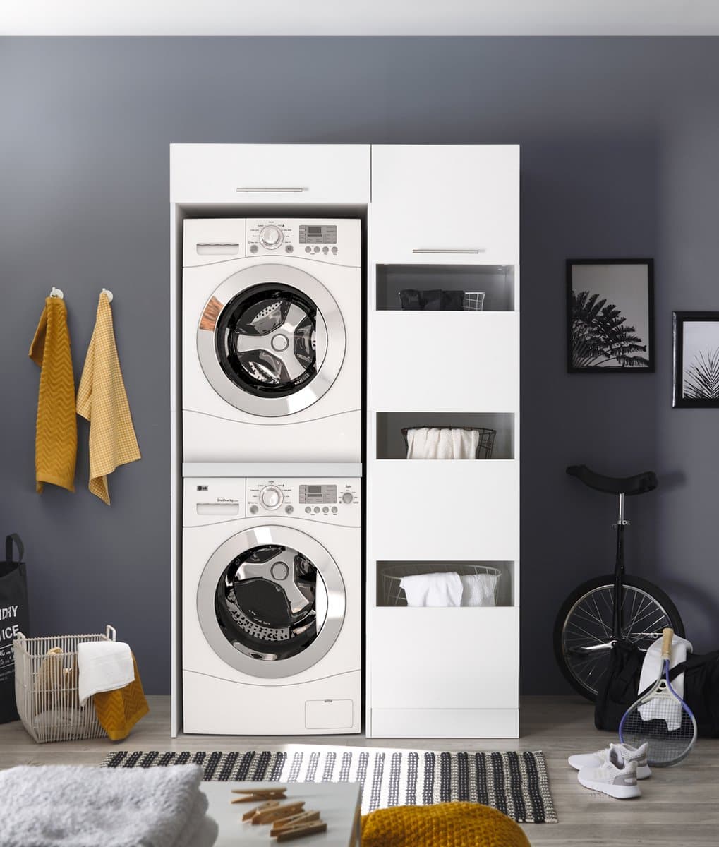 Wasmachine kast en wasmand kast - Wasmachine kast en droger kast - Wasmachine ombouw - Houten wasmachine meubel - Wit — afbeelding 1