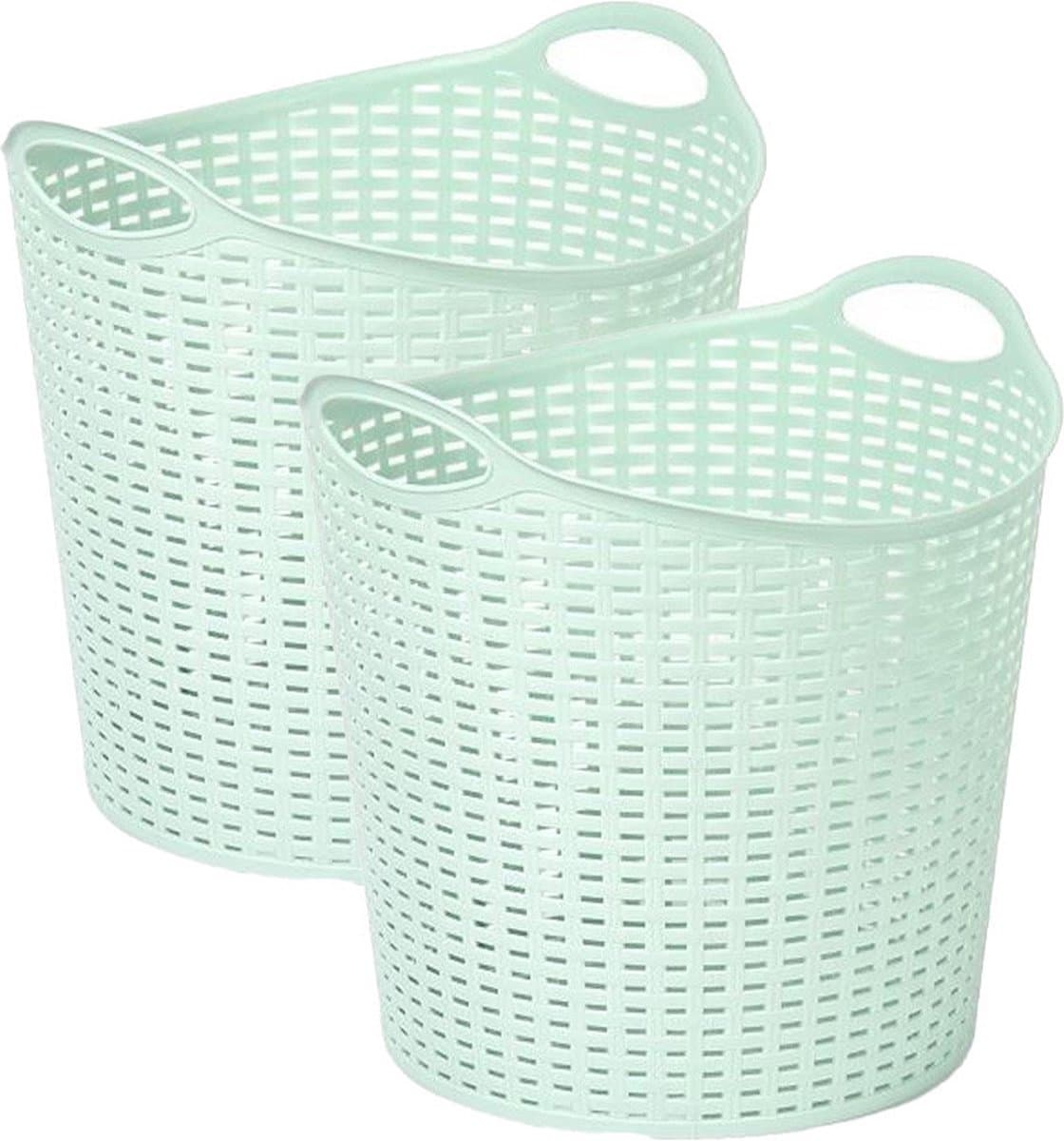 Plasticforte Gevlochten wasmand/opbergmand - 2x - flexibel - lichtgroen - 27 liter - rond - kunststof - 40 x 37 cm — afbeelding 1