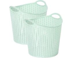 Plasticforte Gevlochten wasmand/opbergmand - 2x - flexibel - lichtgroen - 27 liter - rond - kunststof - 40 x 37 cm