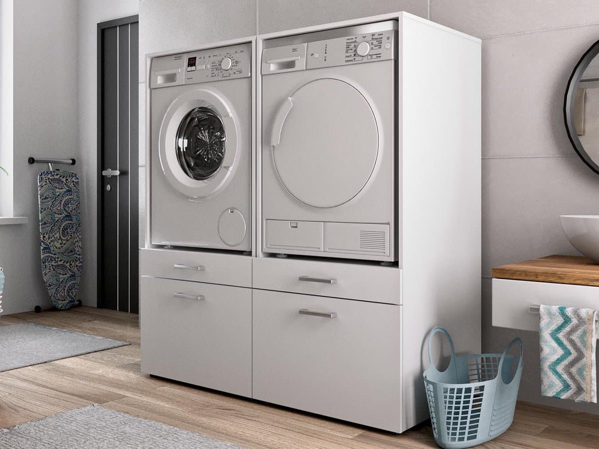 MOBISTOXX Wasmachine Kast - Set van 2 - Wasmachine Verhoger - Wasmachine Ombouw - 134 cm x 65 cm x 144 cm (B x D x H) - Met Lade Voor Wasmand - Voor Wasmachine en Droogkast - Wit — afbeelding 1