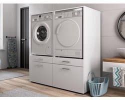 MOBISTOXX Wasmachine Kast - Set van 2 - Wasmachine Verhoger - Wasmachine Ombouw - 134 cm x 65 cm x 144 cm (B x D x H) - Met Lade Voor Wasmand - Voor Wasmachine en Droogkast - Wit