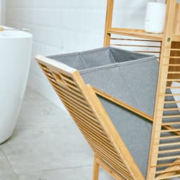 Badkamerrek met Wasmand - Bamboe hout - Badkamerkast - Badkamermeubel - 2 etages - waszak - Opvouwbare wasmand — thumbnail 4