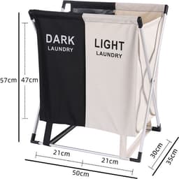 Wassorteerder - 60 L - Wasmand 2 Vakken - Opvouwbare Wasmanden - Wassorteerder 2 vaks - Aluminium Frame - Zwart - Wit — thumbnail 2