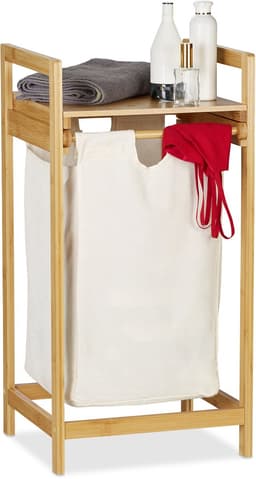wasmand bamboe - 30 liter - met plank - op poten - rechthoekig - natuur — thumbnail 1