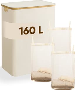 DARI. - Wasmand 3 vakken - Wassorteerder - 160L - met 3 uitneembare zakken - wasmand - beige - knopen — thumbnail 1